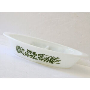Glasbake Milk Glass Divided Casserole Dish Green Herb Design Vintage Kitchen